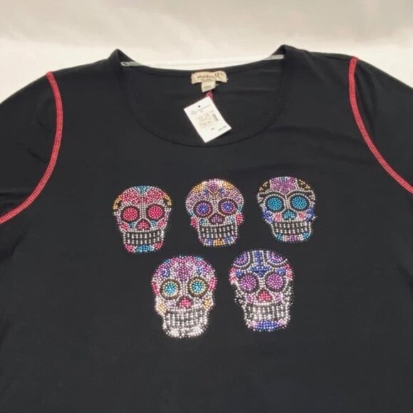 One World Women's XL Tee Black Sugar Skull Rhinestone Soft Day Of The Dead NWT - Picture 7 of 7